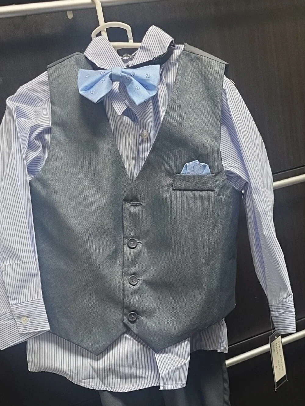 Boys' Slate Gray Vest Suit Set with Light Blue Shirt & Bow Tie